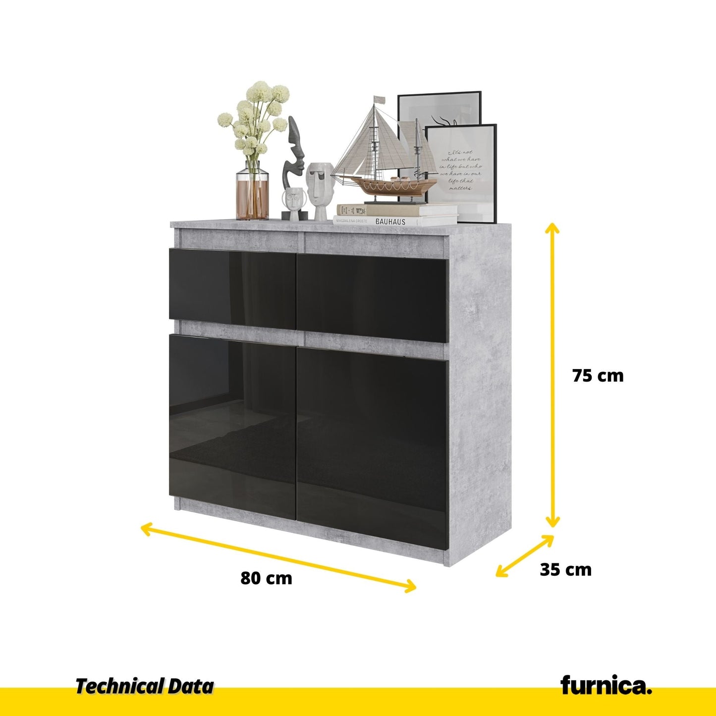 NOAH - Komoda se 2 šuplíky a 2 dveřmi - Skříň na uložení oblečení do ložnice - Beton / Černý lesk - Výška 75 cm, šířka 80 cm, hloubka 35 cm.