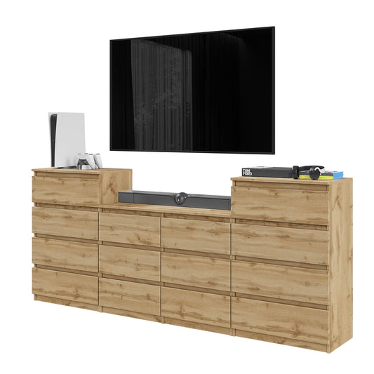 GABRIEL - Komoda se 14 šuplíky (4+6+4) - Skříň na oblečení do ložnice - úložný prostor - Wotan dub - V92cm x Š220cm x H33cm