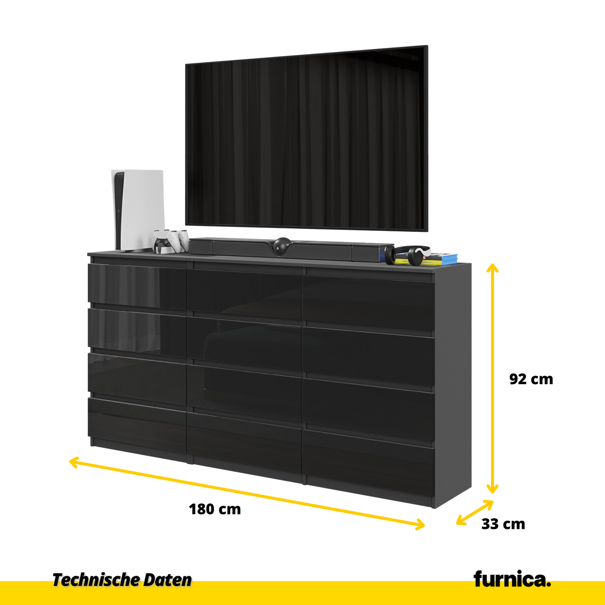 GABRIEL - Komoda se 12 šuplíky (8+4) - Skříň na oblečení do ložnice - Antracit / Černý lesk - H92cm Š180cm D33cm (2)