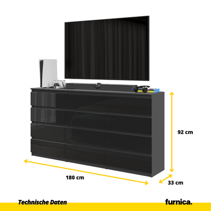 GABRIEL - Komoda se 12 šuplíky (8+4) - Skříň na oblečení do ložnice - Antracit / Černý lesk - H92cm Š180cm D33cm (2)