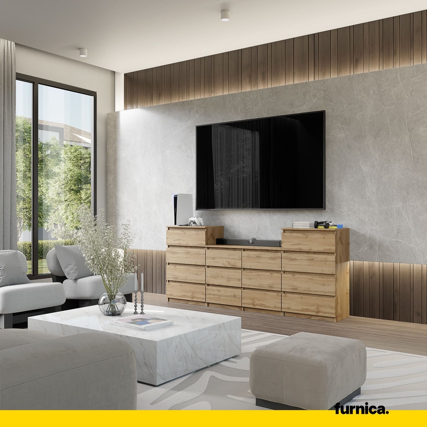 GABRIEL - Komoda se 14 šuplíky (4+6+4) - Skříň na oblečení do ložnice - úložný prostor - Wotan dub - V92cm x Š220cm x H33cm