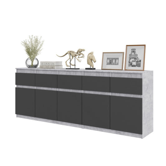 NOAH - Komoda se 5 šuplíky a 5 dveřmi - Skříň na uložení oblečení do ložnice - Beton / Antracit - V: 75 cm, Š: 200 cm, H: 35 cm