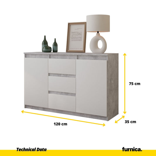 MIKEL - Komoda se 3 šuplíky a 2 dveřmi - Skříň na oblečení do ložnice - Betonová / Bílá matná - Výška 75 cm, šířka 120 cm, hloubka 35 cm.