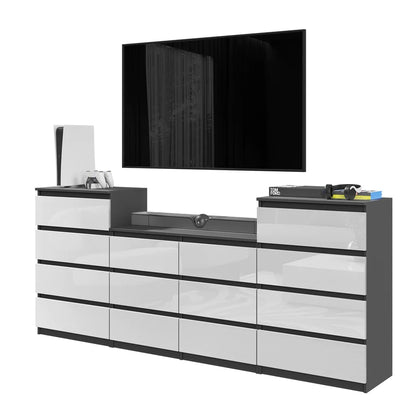 GABRIEL - Komoda se 14 šuplíky (4+6+4) - Skříň na oblečení do ložnice - Antracit / Bílý lesk - H92/70cm Š220cm D33cm