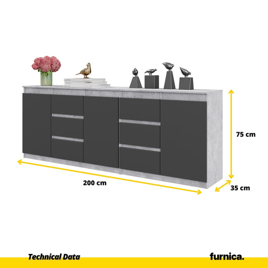 MIKEL - Komoda se 6 šuplíky a 3 dveřmi - Skříň na oblečení do ložnice - Beton / Antracit H75cm W200cm D35cm