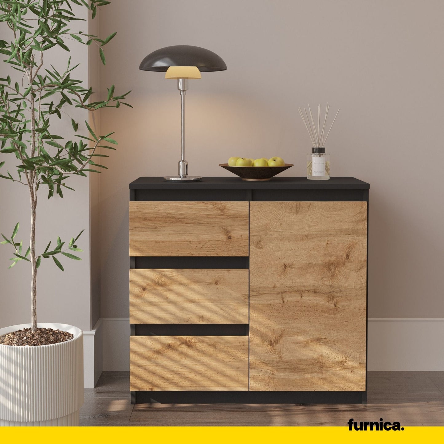 MIKEL - Komoda se 3 šuplíky a 1 dveřmi - Skříň na oblečení do ložnice - Anthracit / Wotan dub H75cm Š80cm D35cm