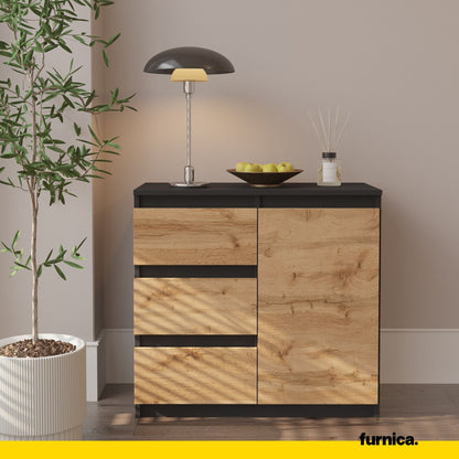 MIKEL - Komoda se 3 šuplíky a 1 dveřmi - Skříň na oblečení do ložnice - Anthracit / Wotan dub H75cm Š80cm D35cm