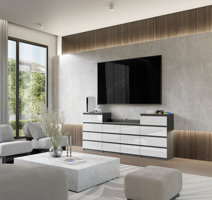 GABRIEL - Komoda se 14 šuplíky (4+6+4) - Skříň na oblečení do ložnice - Antracit / Bílý lesk - H92/70cm Š220cm D33cm (3)