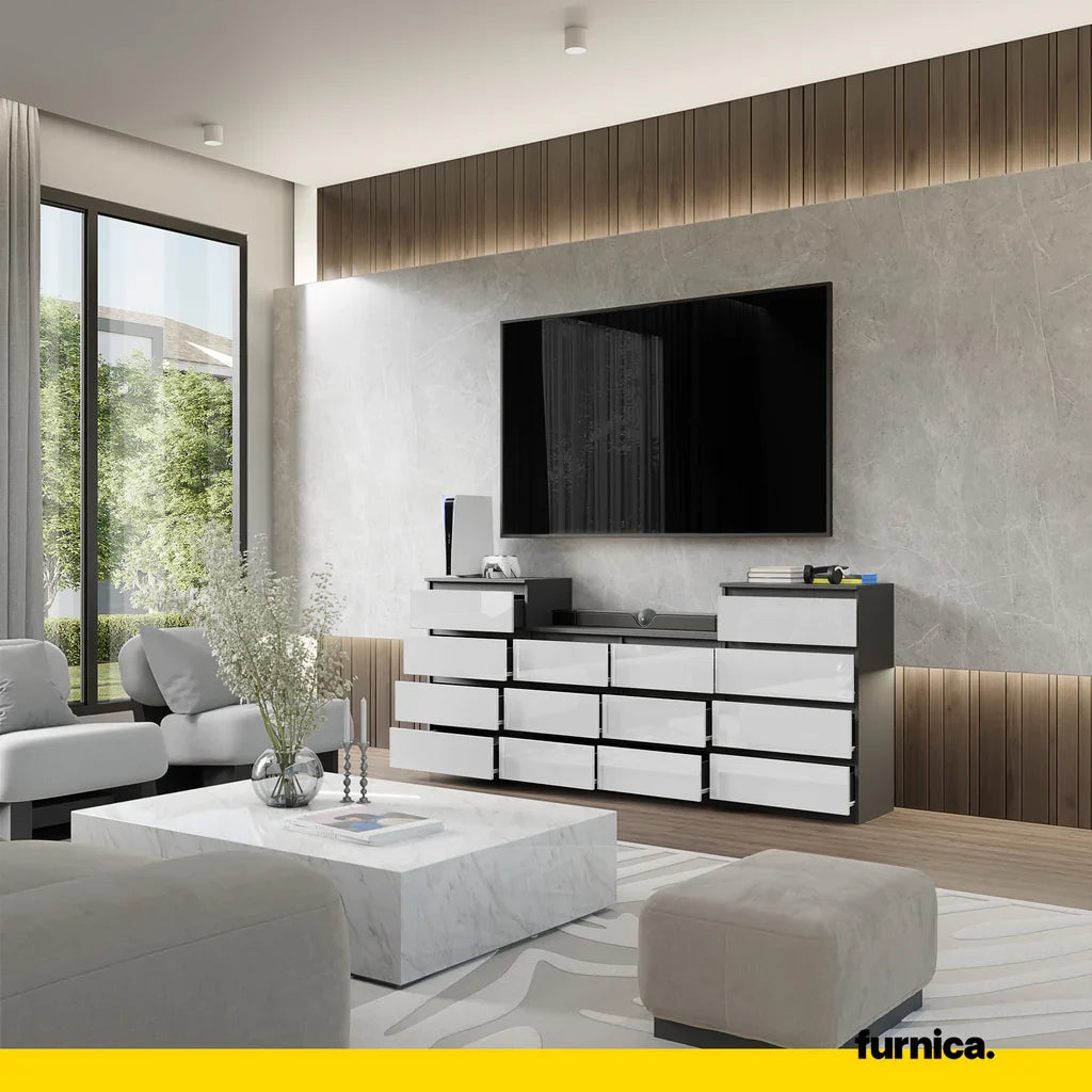 GABRIEL - Komoda se 14 šuplíky (4+6+4) - Skříň na oblečení do ložnice - Antracit / Bílý lesk - H92/70cm Š220cm D33cm (4)