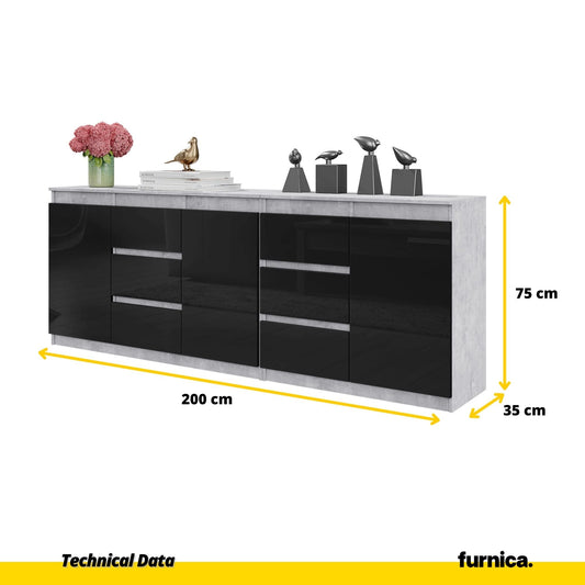 MIKEL - Komoda se 6 šuplíky a 3 dveřmi - Skříň na oblečení do ložnice - Beton / Lesklý černý - Výška 75 cm, šířka 200 cm, hloubka 35 cm.