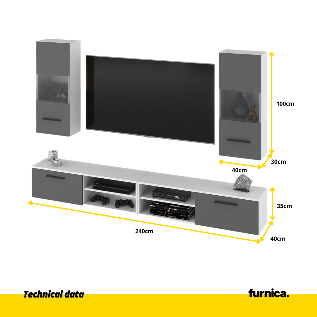 MIRANDA - Sada zavěšené televizní jednotky - 4 skříně - bílý mat / antracitově šedý