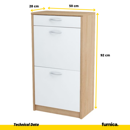 JULIA - Botník na boty s 1 šuplíkem a 2 úložnými prostory - Sonoma dub / bílý matný povrch H92cm Š50cm D28cm