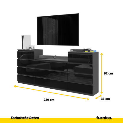 GABRIEL - Komoda se 14 šuplíky (4+6+4) - Skříň na oblečení do ložnice - Antracit / Černý lesk - H92/70cm Š220cm D33cm (2)