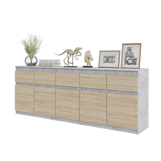 NOAH - Komoda se 5 šuplíky a 5 dveřmi - Skříň na uložení oblečení do ložnice - Beton / Sonoma dub - V: 75 cm, Š: 200 cm, H: 35 cm