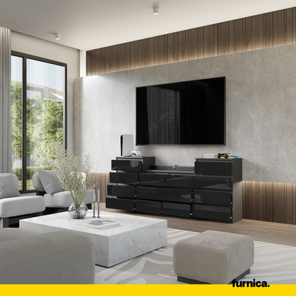 GABRIEL - Komoda se 14 šuplíky (4+6+4) - Skříň na oblečení do ložnice - Antracit / Černý lesk - H92/70cm Š220cm D33cm (4)