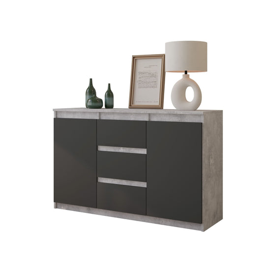 MIKEL - Komoda se 3 šuplíky a 2 dveřmi - Skříň na oblečení do ložnice - Beton / Antracit H75cm W120cm D35cm