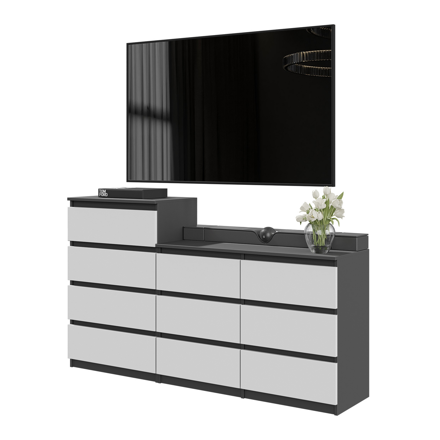 GABRIEL - Komoda se 10 šuplíky (6+4) - Skříň na oblečení do ložnice - Antracit / Bílá matná - H92/70cm Š160cm D33cm
