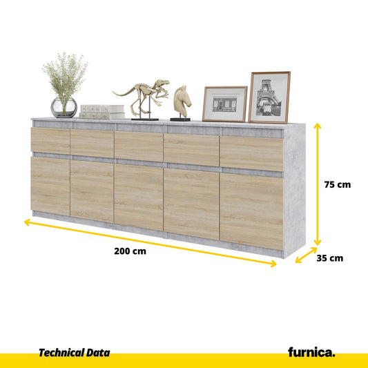 NOAH - Komoda se 5 šuplíky a 5 dveřmi - Skříň na uložení oblečení do ložnice - Beton / Sonoma dub - V: 75 cm, Š: 200 cm, H: 35 cm