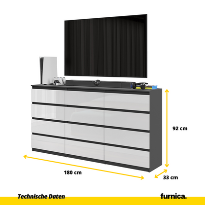 GABRIEL - Komoda se 12 šuplíky (8+4) - Skříň na oblečení do ložnice - Antracit / Bílý lesk - H92cm Š180cm D33cm (2)