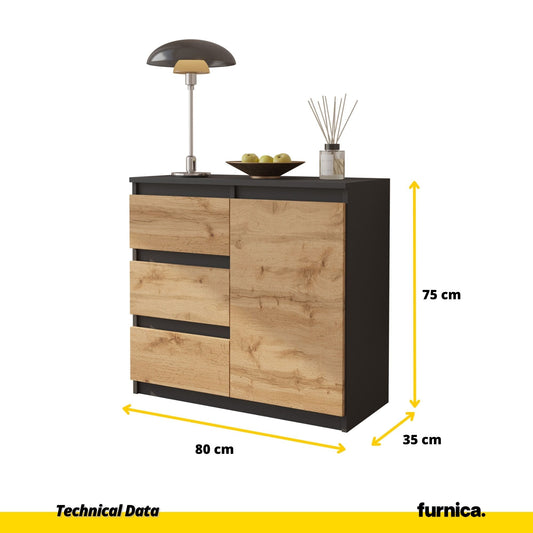 MIKEL - Komoda se 3 šuplíky a 1 dveřmi - Skříň na oblečení do ložnice - Anthracit / Wotan dub H75cm Š80cm D35cm