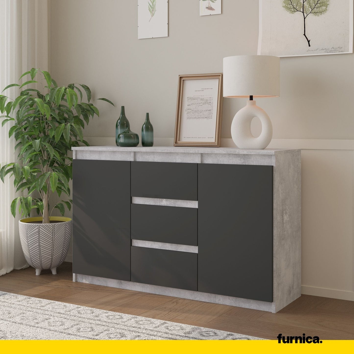 MIKEL - Komoda se 3 šuplíky a 2 dveřmi - Skříň na oblečení do ložnice - Beton / Antracit H75cm W120cm D35cm