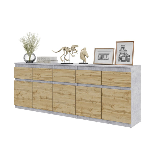 NOAH - Komoda se 5 šuplíky a 5 dveřmi - Skříň na uložení oblečení do ložnice - Beton / Wotan dub - V: 75 cm, Š: 200 cm, H: 35 cm