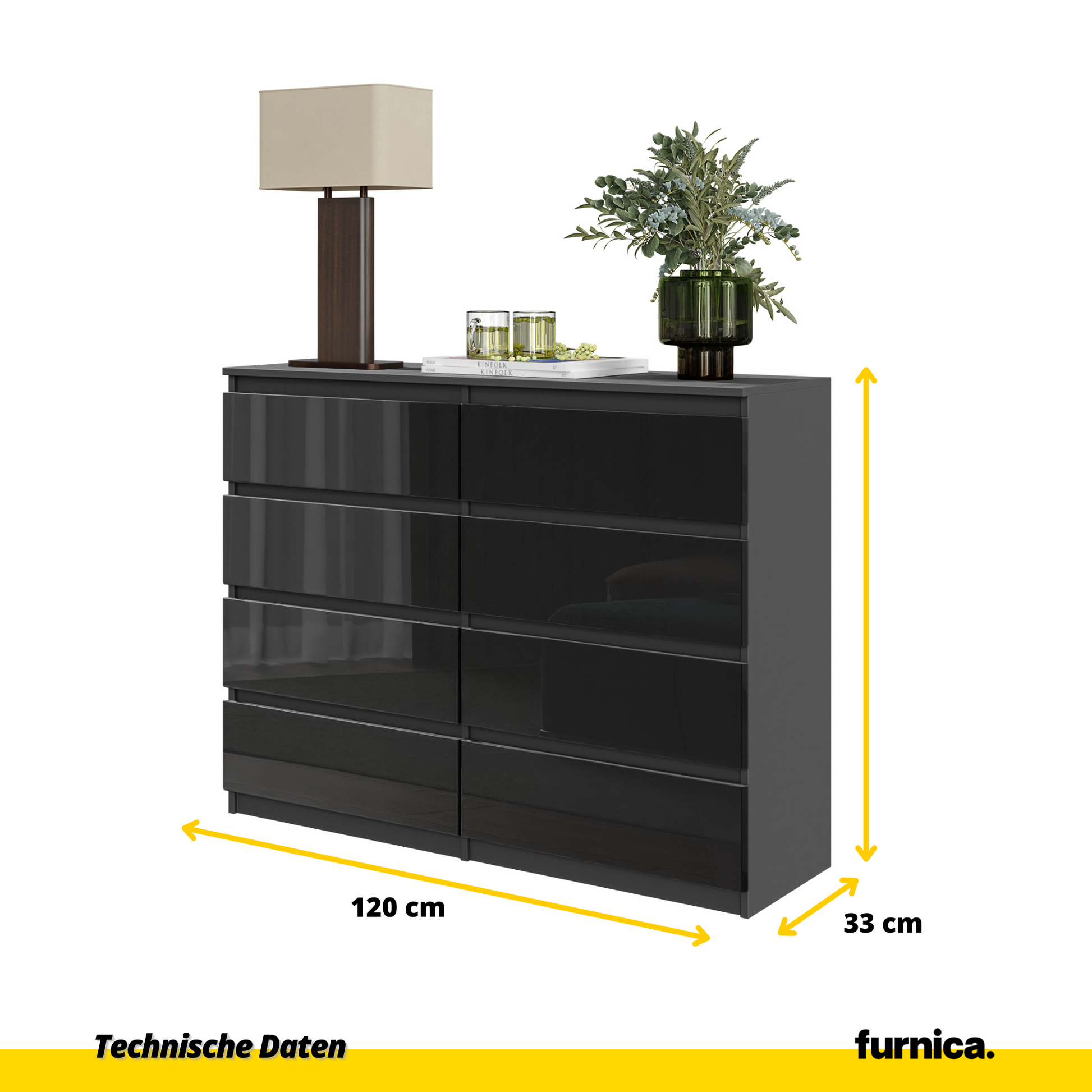 GABRIEL - Komoda se 8 šuplíky - Skříň na oblečení do ložnice - Antracit / Černý lesk - H92cm Š120cm D33cm (5)
