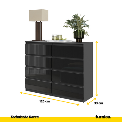 GABRIEL - Komoda se 8 šuplíky - Skříň na oblečení do ložnice - Antracit / Černý lesk - H92cm Š120cm D33cm (5)
