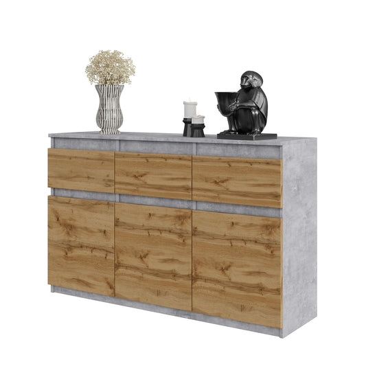 NOAH - Komoda se 3 šuplíky a 3 dveřmi - Skříň na uložení oblečení do ložnice - Beton / Wotan dub H75cm W120cm D35cm