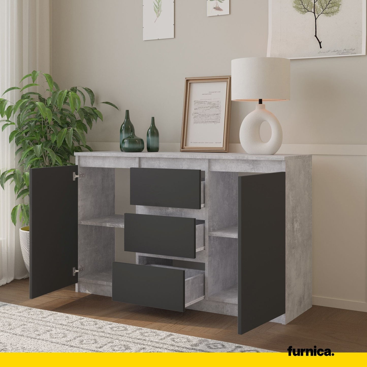 MIKEL - Komoda se 3 šuplíky a 2 dveřmi - Skříň na oblečení do ložnice - Beton / Antracit H75cm W120cm D35cm