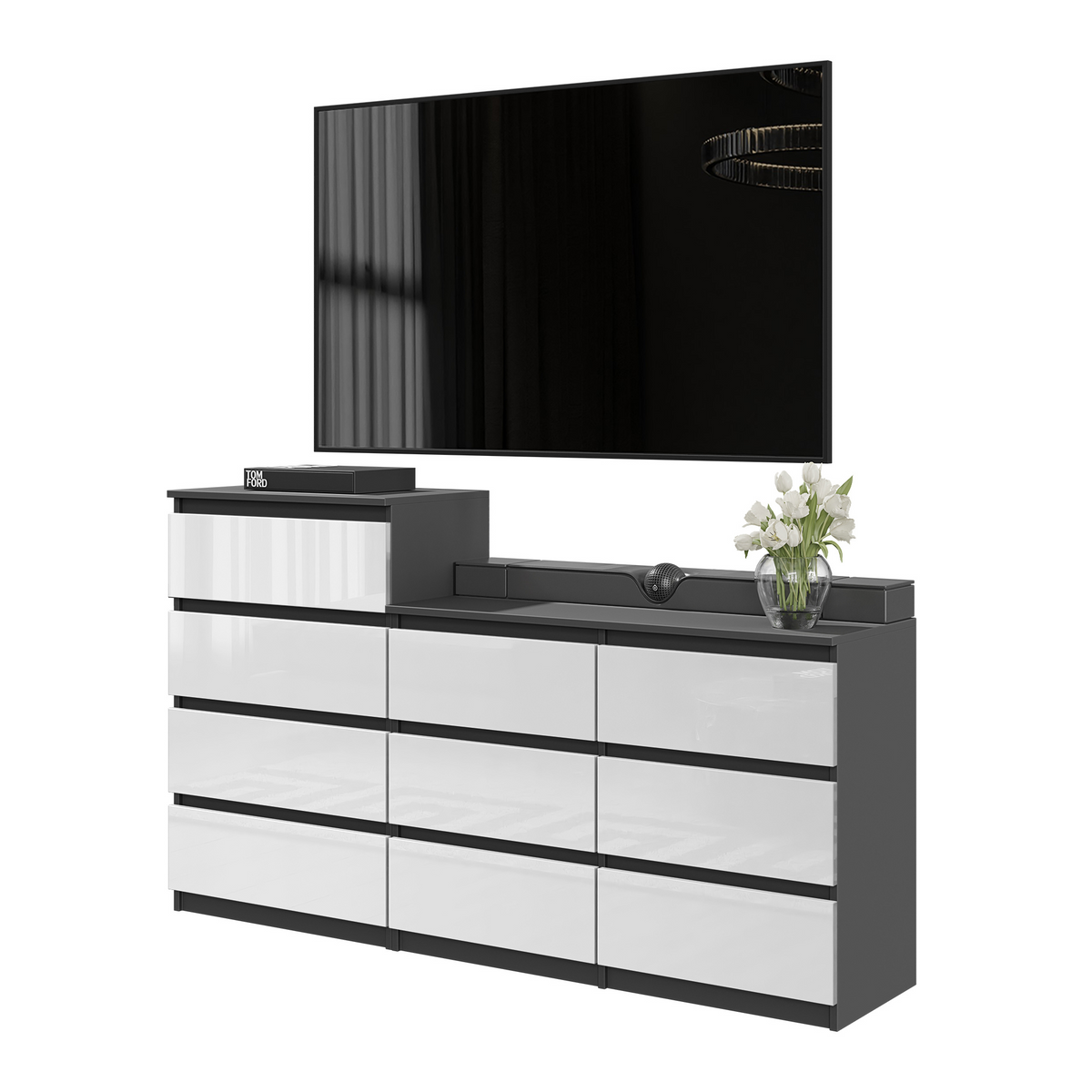 GABRIEL - Komoda se 10 šuplíky (6+4) - Skříň na oblečení do ložnice - Antracit / Bílý lesk - H92/70cm Š160cm D33cm