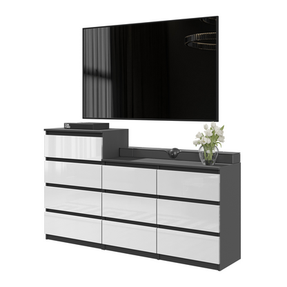 GABRIEL - Komoda se 10 šuplíky (6+4) - Skříň na oblečení do ložnice - Antracit / Bílý lesk - H92/70cm Š160cm D33cm