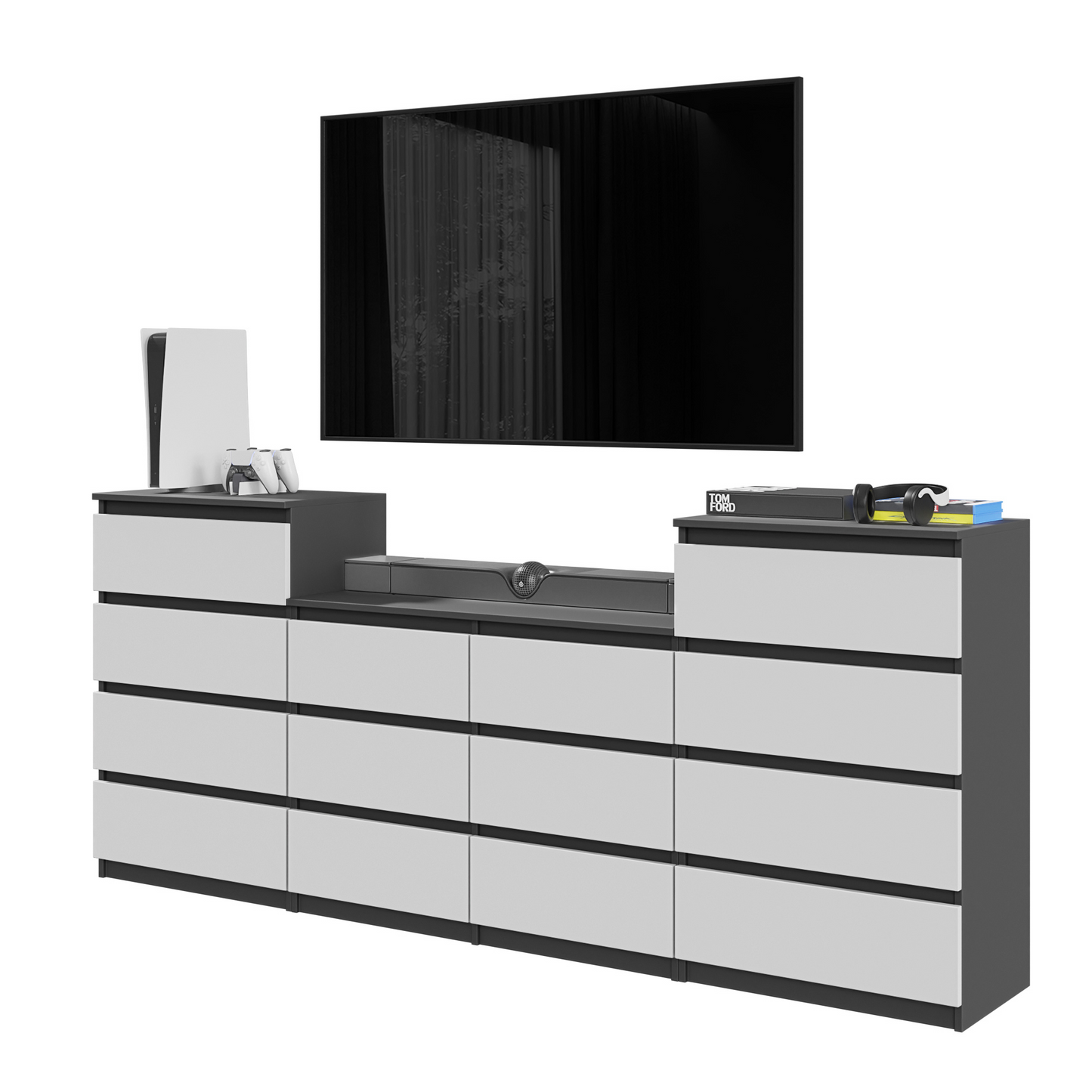 GABRIEL - Komoda se 14 šuplíky (4+6+4) - Skříň na oblečení do ložnice - Antracit / Bílá matná - H92/70cm Š220cm D33cm