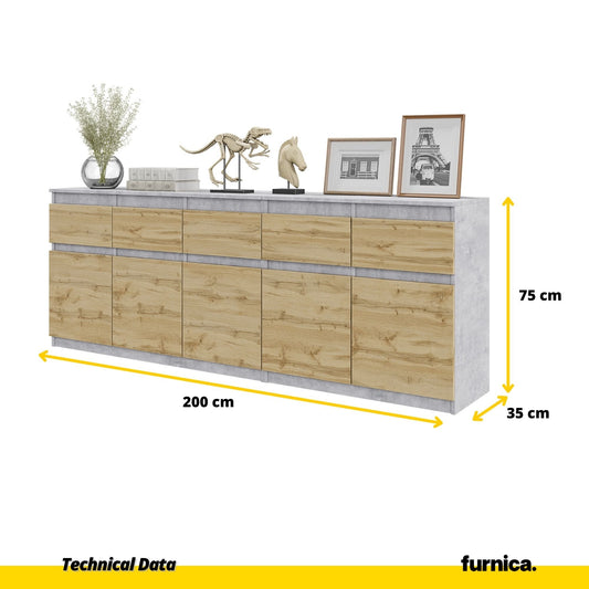 NOAH - Komoda se 5 šuplíky a 5 dveřmi - Skříň na uložení oblečení do ložnice - Beton / Wotan dub - V: 75 cm, Š: 200 cm, H: 35 cm