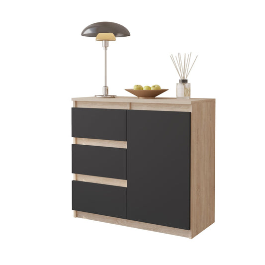 MIKEL - Komoda se 3 šuplíky a 1 dveřmi - Skříň na uložení oblečení do ložnice - Sonoma dub / antracit H75cm W80cm D35cm