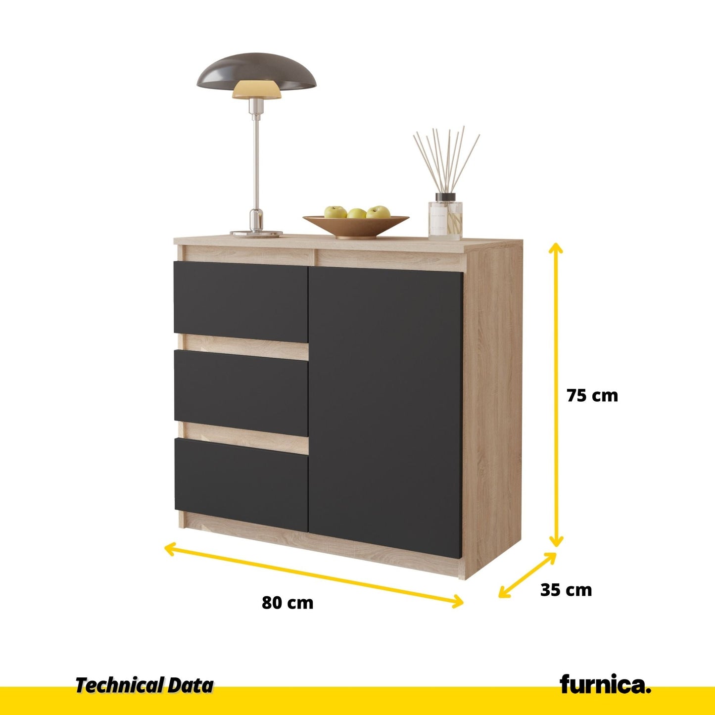 MIKEL - Komoda se 3 šuplíky a 1 dveřmi - Skříň na uložení oblečení do ložnice - Sonoma dub / antracit H75cm W80cm D35cm