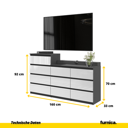 GABRIEL - Komoda se 10 šuplíky (6+4) - Skříň na oblečení do ložnice - Antracit / Bílý lesk - H92/70cm Š160cm D33cm (2)