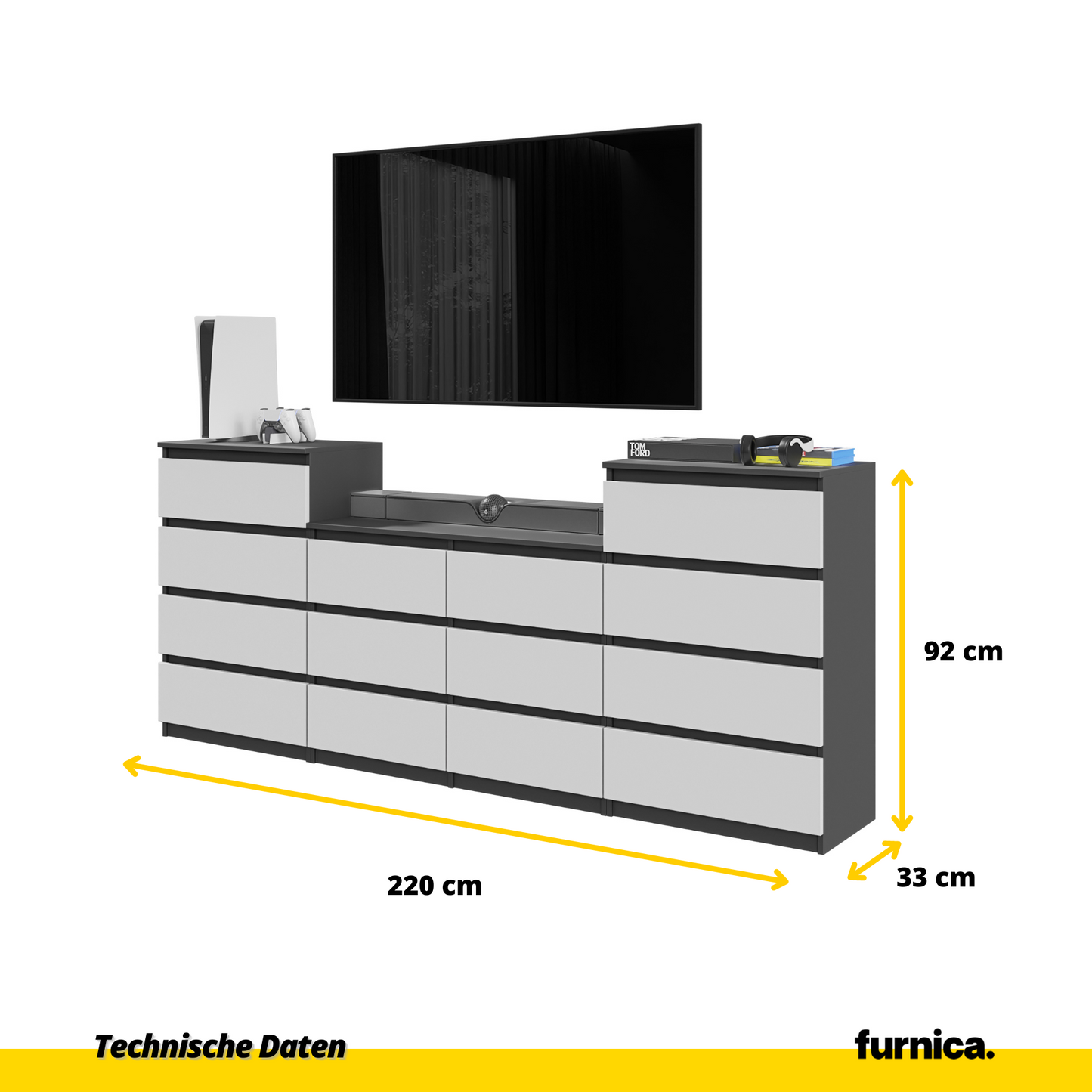 GABRIEL - Komoda se 14 šuplíky (4+6+4) - Skříň na oblečení do ložnice - Antracit / Bílá matná - H92/70cm Š220cm D33cm (2)
