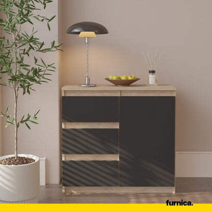 MIKEL - Komoda se 3 šuplíky a 1 dveřmi - Skříň na uložení oblečení do ložnice - Sonoma dub / antracit H75cm W80cm D35cm