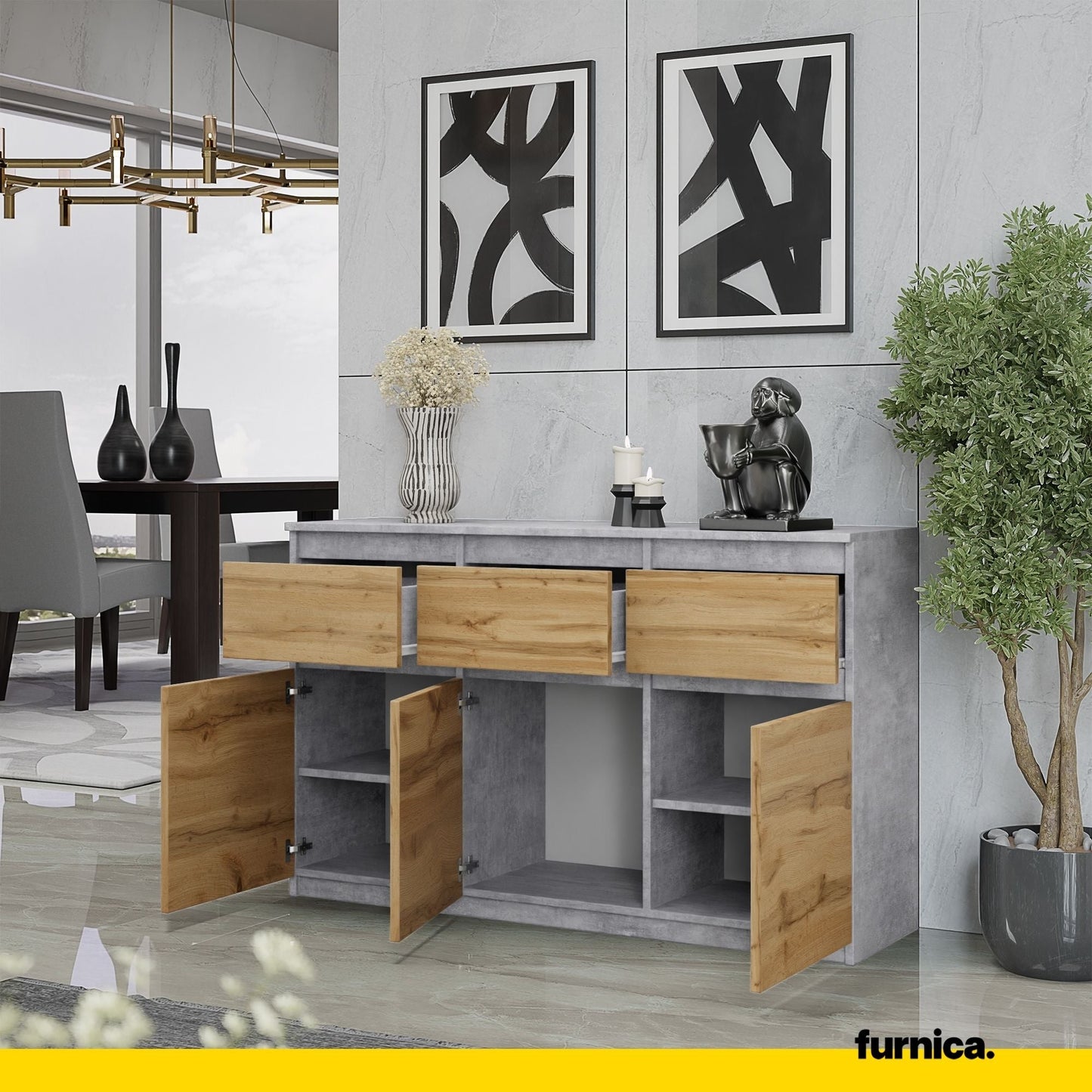NOAH - Komoda se 3 šuplíky a 3 dveřmi - Skříň na uložení oblečení do ložnice - Beton / Wotan dub H75cm W120cm D35cm