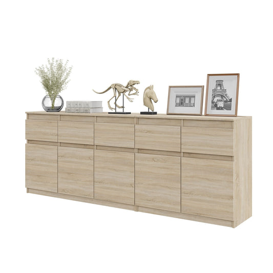 NOAH - Komoda se 5 šuplíky a 5 dveřmi - Skříň na uložení oblečení do ložnice - Sonoma dub - V: 75 cm, Š: 200 cm, H: 35 cm