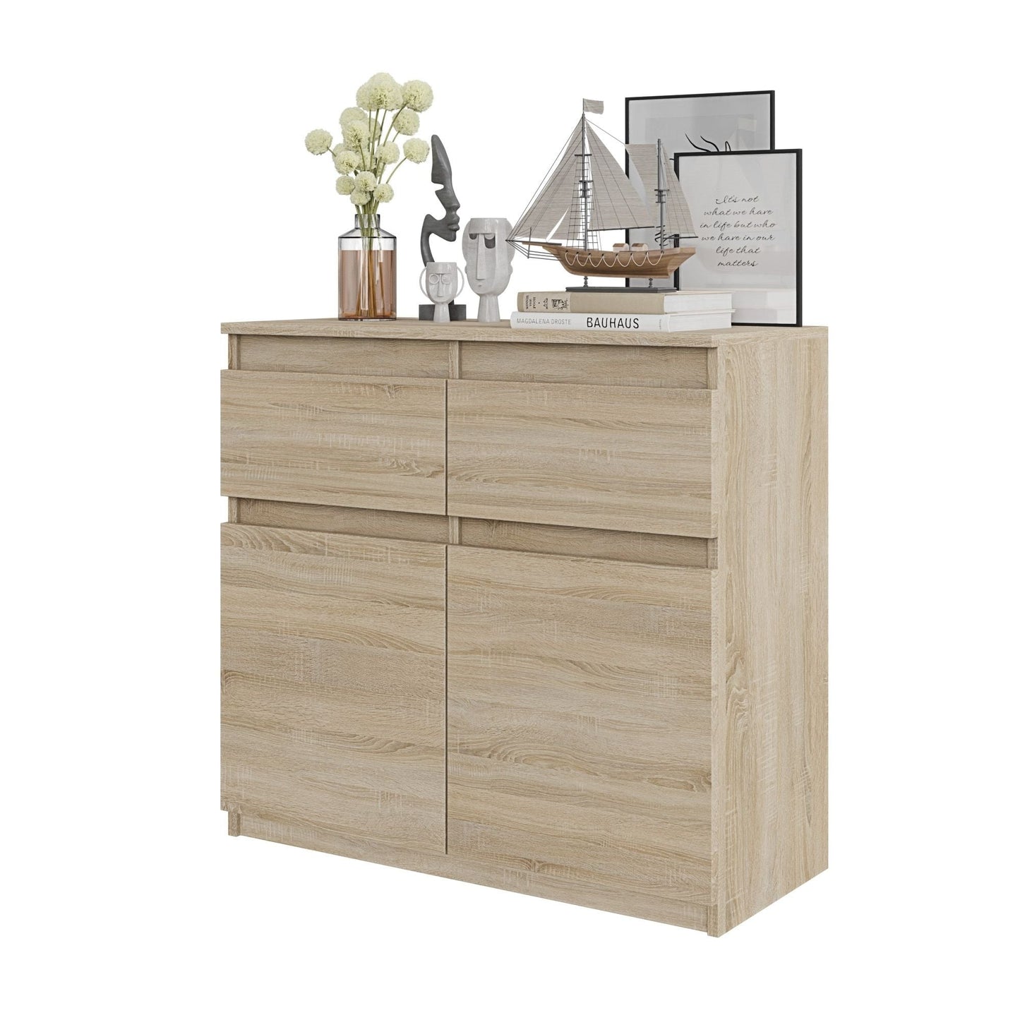 NOAH - Komoda se 2 šuplíky a 2 dveřmi - Skříň na uložení oblečení do ložnice - Sonoma dub - Výška 75 cm, šířka 80 cm, hloubka 35 cm.