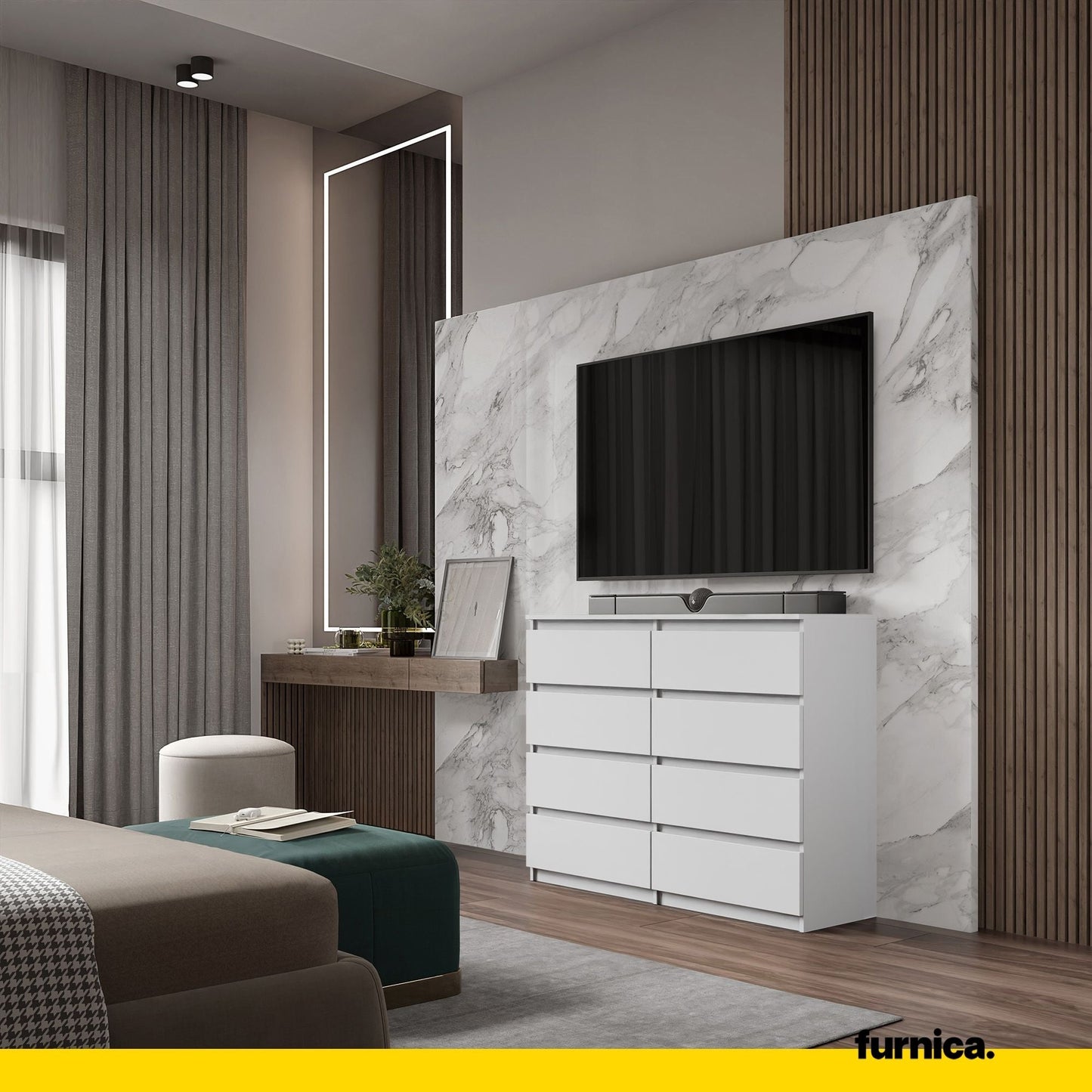 GABRIEL - Komoda se 8 šuplíky - Skříň na oblečení do ložnice - Bílá matná - Výška 92 cm, šířka 120 cm, hloubka 33 cm.