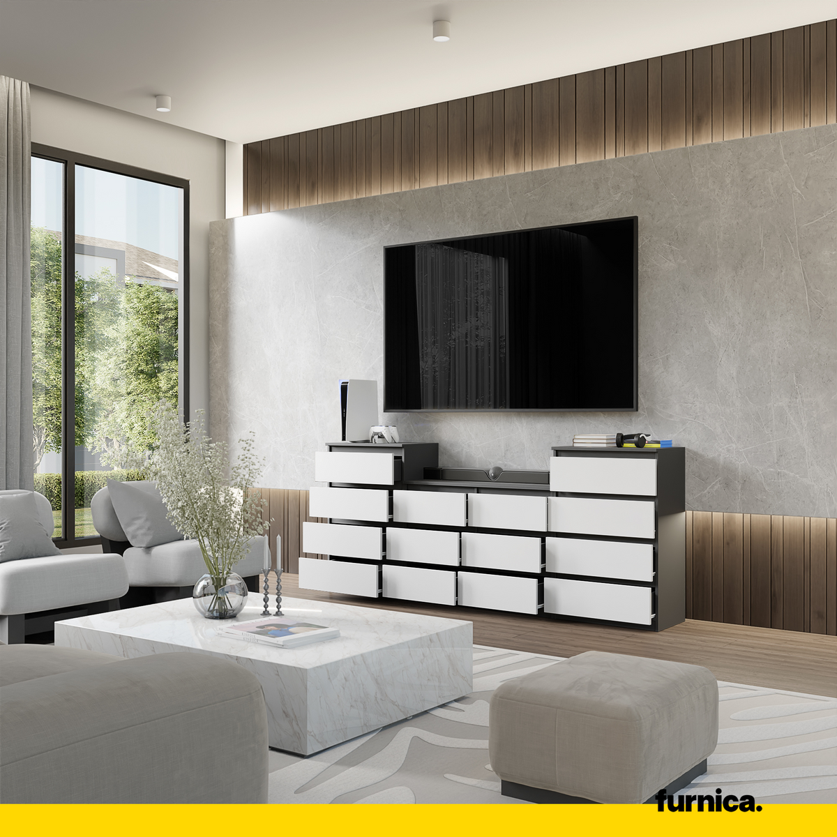 GABRIEL - Komoda se 14 šuplíky (4+6+4) - Skříň na oblečení do ložnice - Antracit / Bílá matná - H92/70cm Š220cm D33cm (4)
