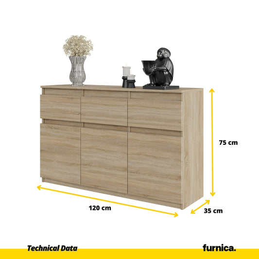 NOAH - Komoda se 3 šuplíky a 3 dveřmi - Skříň na uložení oblečení do ložnice - Sonoma dub - Výška 75 cm, šířka 120 cm, hloubka 35 cm.