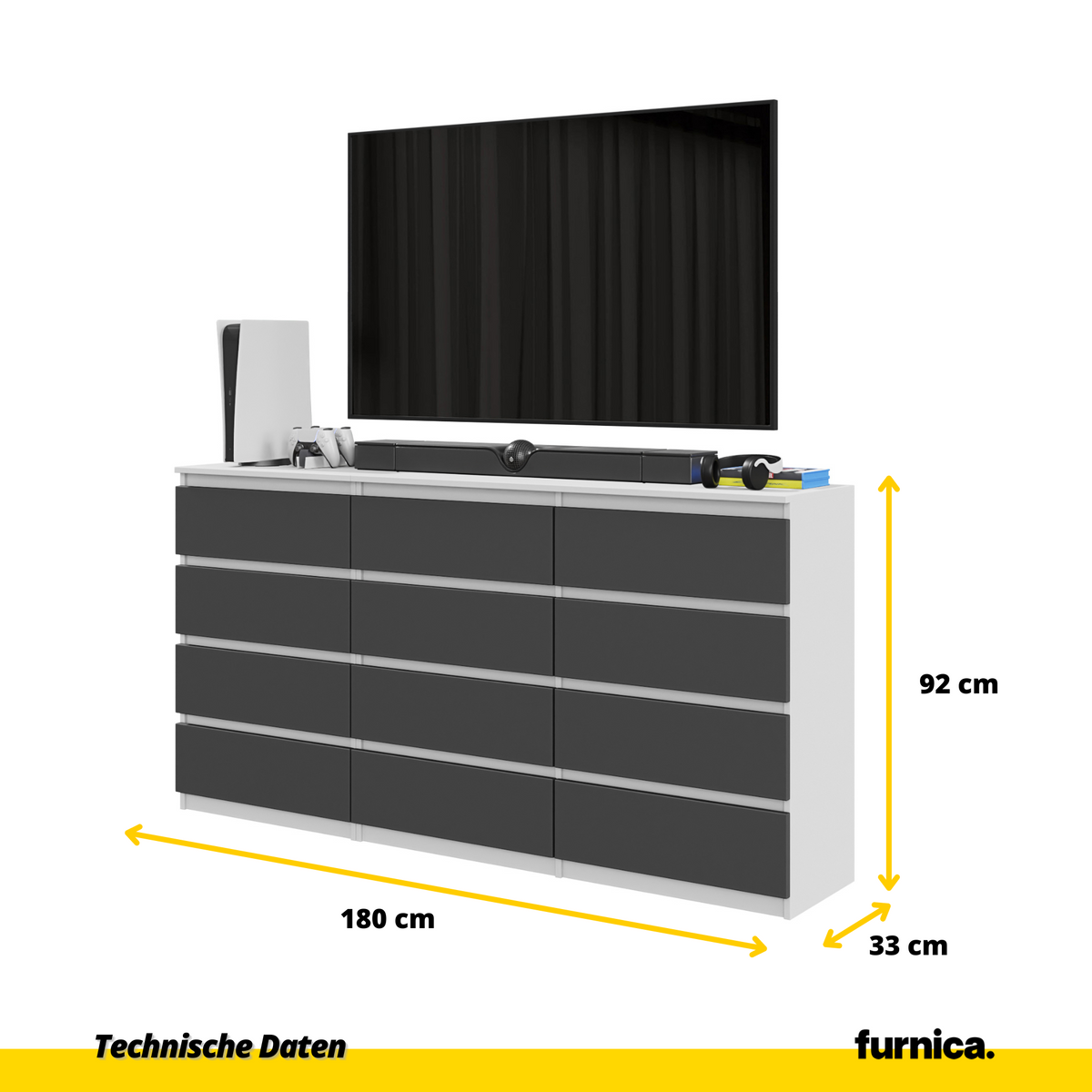 GABRIEL - Komoda se 12 šuplíky (8+4) - Skříň na oblečení do ložnice - Bílá matná / Antracit - H92cm Š180cm D33cm (2)
