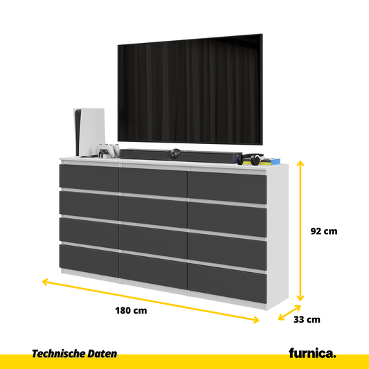 GABRIEL - Komoda se 12 šuplíky (8+4) - Skříň na oblečení do ložnice - Bílá matná / Antracit - H92cm Š180cm D33cm (2)
