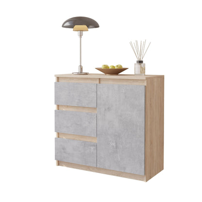 MIKEL - Komoda se 3 šuplíky a 1 dveřmi - Skříň na oblečení do ložnice - Sonoma dub / beton - Výška 75 cm, šířka 80 cm, hloubka 35 cm.