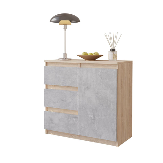 MIKEL - Komoda se 3 šuplíky a 1 dveřmi - Skříň na oblečení do ložnice - Sonoma dub / beton - Výška 75 cm, šířka 80 cm, hloubka 35 cm.