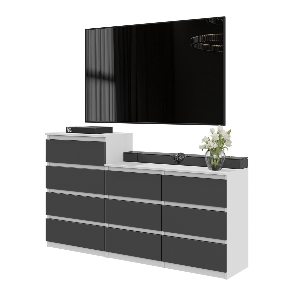 GABRIEL - Komoda se 10 šuplíky (6+4) - Skříň na oblečení do ložnice - Bílá matná / Antracit - H92/70cm Š160cm D33cm